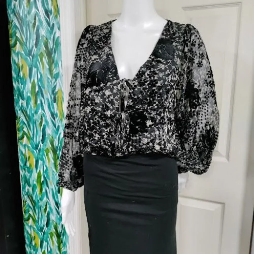 ASTR the label Velvet Burnout Shawna Abstract Velvet Cropped Sheer Floral Top S - Picture 4 of 12